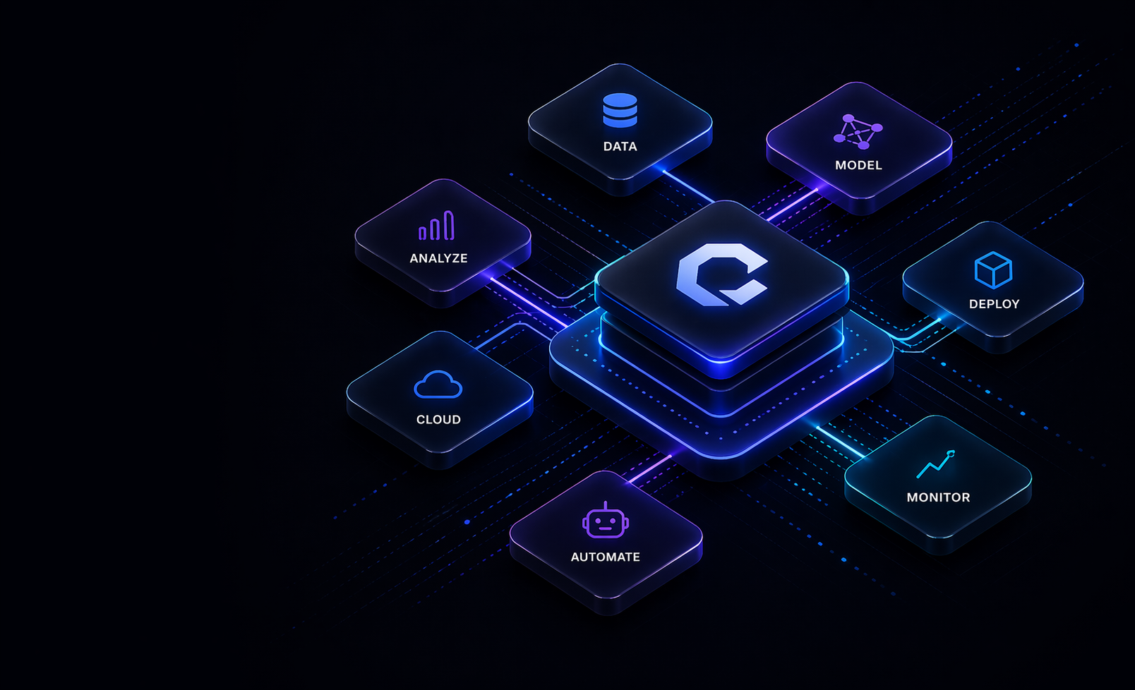 Isometric view of Calipers AI and software services hub with connected capability tiles